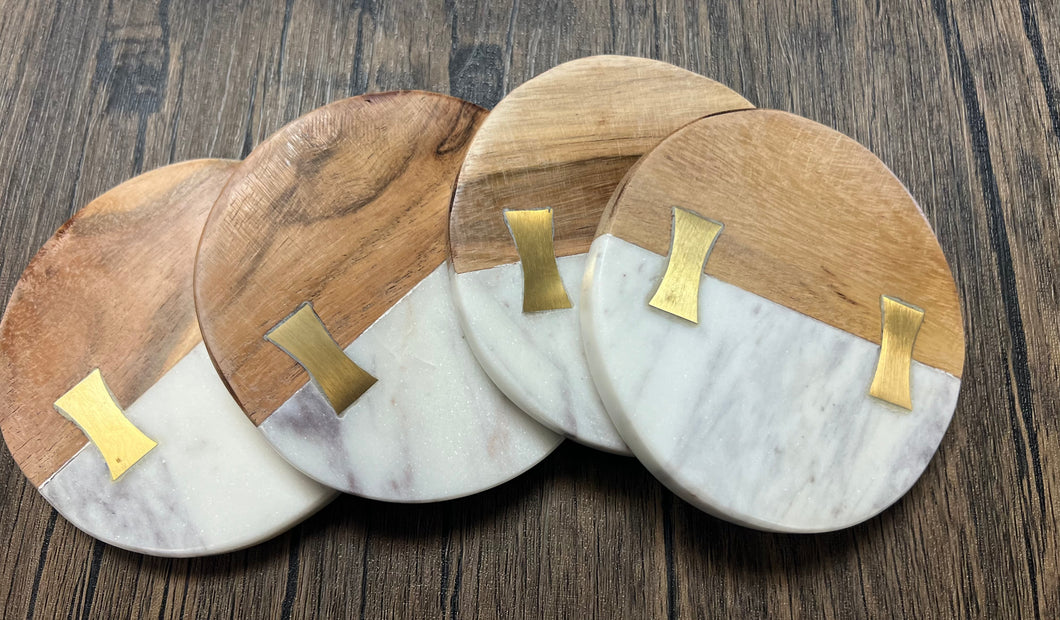 Round Acacia and Marble Coaster Set with Brass Inlay